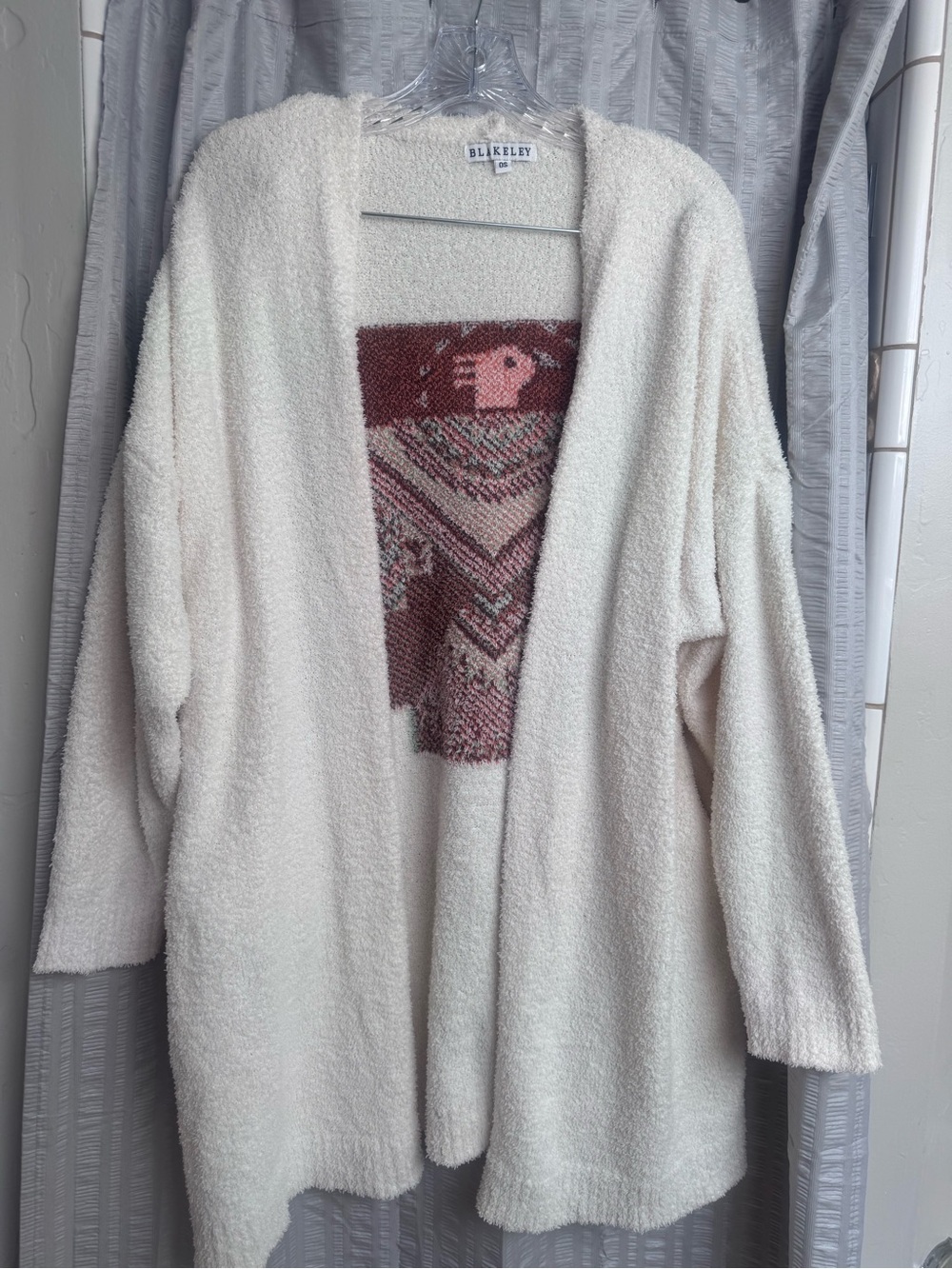 Blakeley OS Cream Chenille Fuzzy Oversized Cardigan Southwestern Bird Boho - Picture 5 of 5